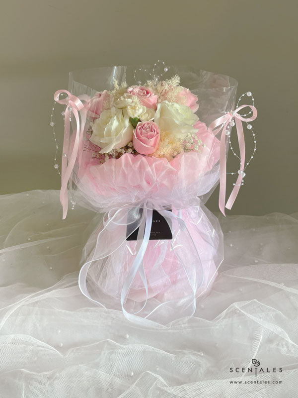 Sweetheart Charm Fresh Flower Bouquet fresh flower bouquet with pink rose, white rose, white spray carnation, plenty of preserved white asparagus and white baby's breath