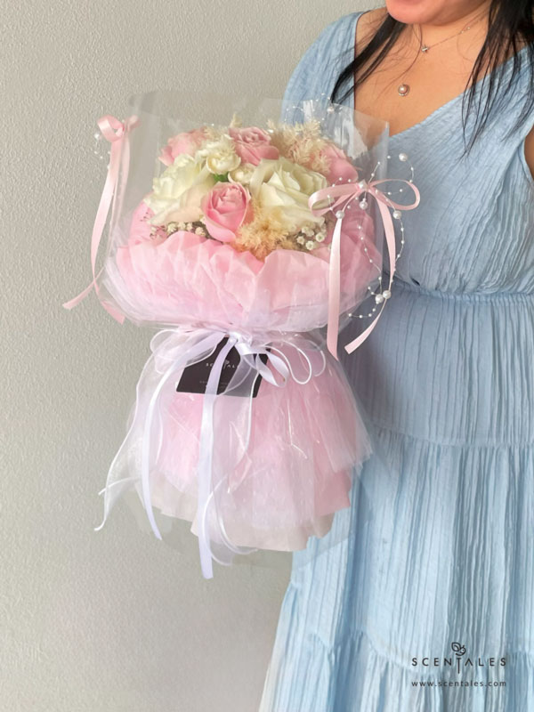 Sweetheart Charm Fresh Flower Bouquet fresh flower bouquet with pink rose, white rose, white spray carnation, plenty of preserved white asparagus and white baby's breath