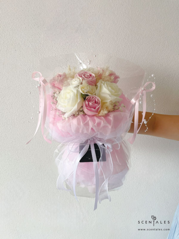 Sweetheart Charm Fresh Flower Bouquet fresh flower bouquet with pink rose, white rose, white spray carnation, plenty of preserved white asparagus and white baby's breath